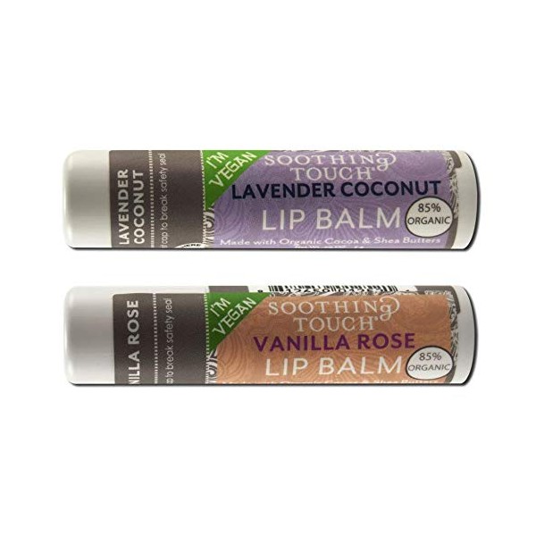 Soothing Touch Vegan Lip Balm - Variety Pack of 2 - Lavender Coconut and Vanilla Rose