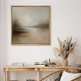 MUDECOR Framed Canvas Print Wall Art Abstract Lakeside Horizon Modern Impressionist Landscape Illustrations Realism Decorative Panoramic Earth for Living Room, Bedroom, Office - 16"x16" NATURAL