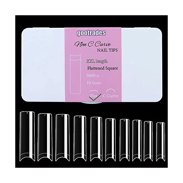 gootrades Flattened No C Curve XXL Square Nail Tips,500 Pcs