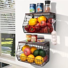 Mefirt Fruit Bowl, Stackable Wall Mounted Fruit Basket of Smooth Wood Lid with 4 Banana Hanger Hooks, Metal Kitchen Counter Organizer for Snack, Fruit and Vegetable Storage, 11.8 * 7.9 * 8.5 Inches