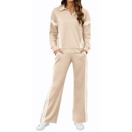 SHESHOW Womens Lounge Sets 2 Piece Outfits Tracksuit 2-Stripes Wide Leg Pants Womens Matching Sweatsuit with Pockets Khaki XL