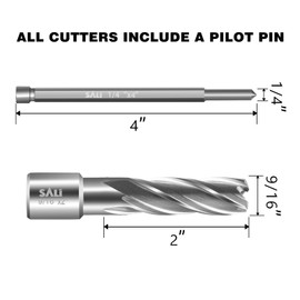 SALI Annular Cutter Diameter 9/16 Inch with Weldon Shank 3/4" (with 2 Flats) Cutting Depth 2" Mag Drill Bit for Magnetic Drill Press HSS Fully Ground Drill with One 1/4"*4" Pilot Pin…
