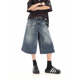 Lafaguw Cropped Jeans for Women Men High Waist Wide Leg Baggy Jorts Y2K Casual Denim Capris Pants Grunge Summer Clothes.(Blue1/M)