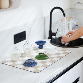 Ohocut Checkered Dish Drying Mat for Kitchen Counter, Coffee Bar, Coffee Station Accessories, Retro Aesthetic Cute Absorbent Coffee Mat Kitchen Drying Mat Easy Clean, Beige 12" x 19"