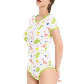 Landofgenie Women's Onesie Pyjamas Cotton Bodysuit Cute Print Onesie Sleepwear Tops Women's Dinosaur Onesie, White
