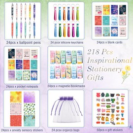 Pasimy 218 Pcs Inspirational Stationery Gifts Motivational Mini Notepad Pen Quote Bookmarks Stress Relief Stickers Inspiring Silicone Keychains for Kid Adult School Office Appreciation (Plant)