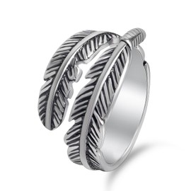 JadeAngel Feather Ring, Vintage Stainless Steel Rings for Women Men Punk Silver Color Feather Thumb Ring (Fit Size 7 to 9)