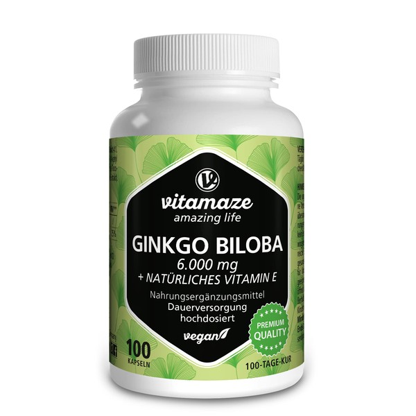 Ginkgo Biloba Capsules 6000mg with Acai, L-Carnitine and Vitamin E - 100 Days Supply - Booster for Learning and Memory - Gingko Biloba Extract 50:1 - Supplement Without Additives