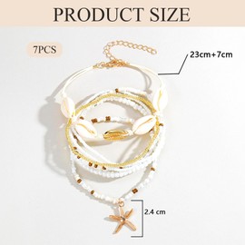 Kinretixia 7 Pieces Shell Anklet Set for Women, Adjustable Anklet with Boho Beads, Hawaiian Beach, Shell, Heart, Starfish, Shell, Foot Jewellery, Gifts