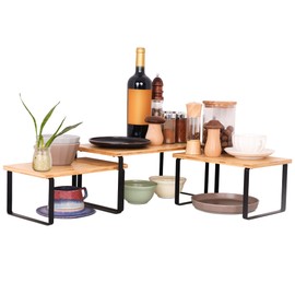 beardo decor Cabinet Shelf Organizer Kitchen Counter Shelves Riser Cupboard Rack Stackable Expandable for Display of Spices, Dishes, Mugs (3 Pack-S&M&L, Black)