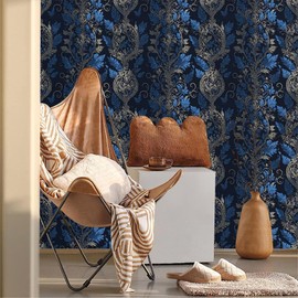 MuralPeel Vintage Black Blue Leaf Flower Damask Peel and Stick Wallpaper Self Adhesive Removable Easy Peel Off Stick on Wall Paper for Bedroom Cabinet Renter