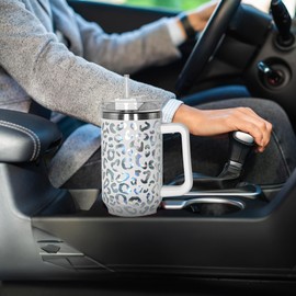 sweet grain 40 oz Tumbler with Handle Leopard, Stainless Steel White Leopard Print Tumbler and Straw Lid, Double Vacuum Cheetah Cup, Keeps Drinks Cold Up to 24 Hours