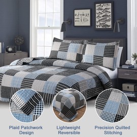 Bedspread Set Twin Size Quilt Set Bedding Reversible Quilt Bedspread Plaid Patchwork Bedding Mens Quilts Bedspread Coverlet Lightweight Quilt Modern Home Collection Black White Stripe Blue Plaid Quilt