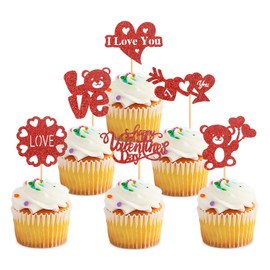 Keaziu - Paquete de 24 adornos para magdalenas, diseño de oso rojo con corazón con texto "I Love You", para propuesta de boda, compromiso, despedida de soltera, decoración de tartas, color rojo