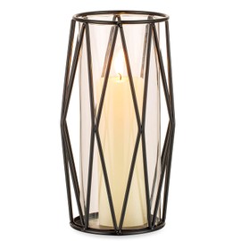 Nuptio Portavelas de vidrio para velas de pilar, portavelas de pilar negro, soporte geométrico de metal para velas de huracán, jarrón de flores para oficina, comedor, sala de estar, bar, cafetería