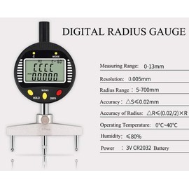 AICEYI Digital Inner and Outer Radius Measuring Instrument with 10mm/20mm/30mm/60mm/100mm Replaceable Measuring Claws,Black Radius Range: 5-700mm (0.2-27.5in”), Linear Range: 0-12.7mm (0-0.5in”)