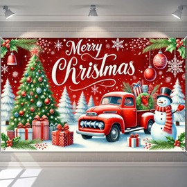 BlissYard Merry Christmas Banner Red Truck Christmas Tree Snowman Gifts 71x43 Inch Holiday Decorations for Indoor Outdoor Party Supplies Xmas Home Decor Winter Celebration Backdrop