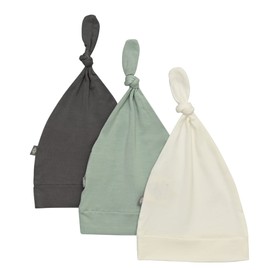 KYTE BABY Bamboo Baby Beanie Hats - Super Soft Knotted Caps Available in Pattern and Solid Colors - 3 Pack, Charcoal/Sage/Cloud, 6 Months