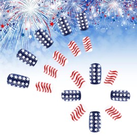 4th of July Press on Nails Short Length Independence Day Fake Nails with Star American Flag Acrylic Nails Square Shape Reusable Patriotic False Nails Glue on Nails for Women Nail Decoration 24 Pcs