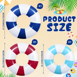 WinnerWhy 3 Pcs Large Swim Ring with Handles Set 47.24" 39.37" 35.43" Inflatable Pool Inner Tube Classic Striped Pool Ring Floats for Adults Teens Summer Beach Party Supplies (Navy Blue, Maroon, Mint)