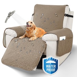 XINEAGE 100% Waterproof Recliner Cover, Non Slip Recliner Chair Cover with Elastic Band, Washable Recliner Slipcover with Storage Pockets for Kids, Pets (Khaki, 23")