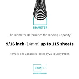 Binditek 100 Pack Plastic Spiral Binding Coils, 14mm(9/16") Binding Spirals, 115 Sheet Capacity, 4:1 Pitch, Black Binding Spines, for Students and Coworkers