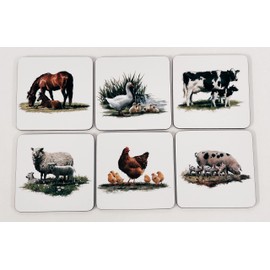 Macneil Farmyard Animals Coasters - Set of 6 (Melamine, Animal Shape, Brown, Black, White, Green)