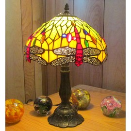 Dragonfly Stained Glass Lamp with Satin Bronze Finish Base - Perfect for a Living Room, Bedroom, Office, & More