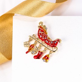 EVER FAITH Austrian Crystal Enamel Sleigh Car Candy Cane Stocking Gift Box Brooch Red Gold-Tone