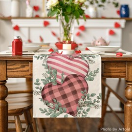 Artoid Mode Pink Eucalyptus Hearts Valentine's Day Table Runner, Anniversary Holiday Kitchen Dining Table Decoration for Home Party Decor 13x90 Inch