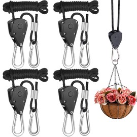 Rope Clip Hanger, 4 Packs 1/8 in Reinforced Adjustable Height Anti-Loose Design Gears Clip for Growing Light Fixtures, Hanging Plants, 8 FT Length 150lbs Weight Capacity