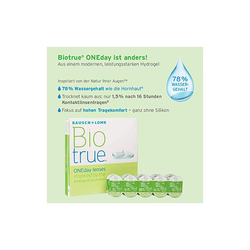 Bausch + Lomb Biotrue ONEday Tageslinsen, sph√§rische Kontaktlinsen, weich, 90