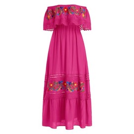IBTOM CASTLE Mexican Fiesta Dresses for Women: Traditional Mexican Dress Cinco de Mayo Costume Ethnic Folklorico Sleeveless Floral Print Off-Shoulder Drape Dress Long Maxi Dress with Belt Hot Pink M