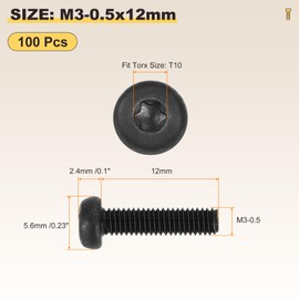 METALLIXITY Pan Head Torx Security Screws Bolts (M3-0.5x12mm) 100Pcs, Button Torx Head Machine Screws Carbon steel - for Furniture Woodworking Project, Black