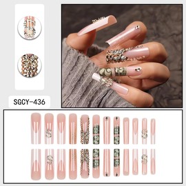 24 Pcs Long Square Press on Nails French Tip Fake Nails 3D Metal Dollar Gold Rhinestone Bow Charms Glue on Nails Glossy Acrylic Nails Finger Decorations Artificial Nails Long False Nails for Women