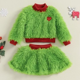 Amnnchya Toddler Baby Girl Christmas Outfit Green Furry Sweatshirt Tops Skirts Set Infant Fall Winter Christmas Clothes (Green, 3-4T)