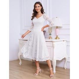 Dressystar Women's Elegant Lace Dress, V-Neck Cocktail Dress, Wedding Midi Evening Dresses, White