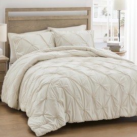 UNIKOME King Size Comforter Set Beige - Soft Pintuck Cream Down Alternative Bedding Set for All Seasons, 3 Pieces Pinch Pleat Solid Bed Set with Comforter, 2 Pillowcases