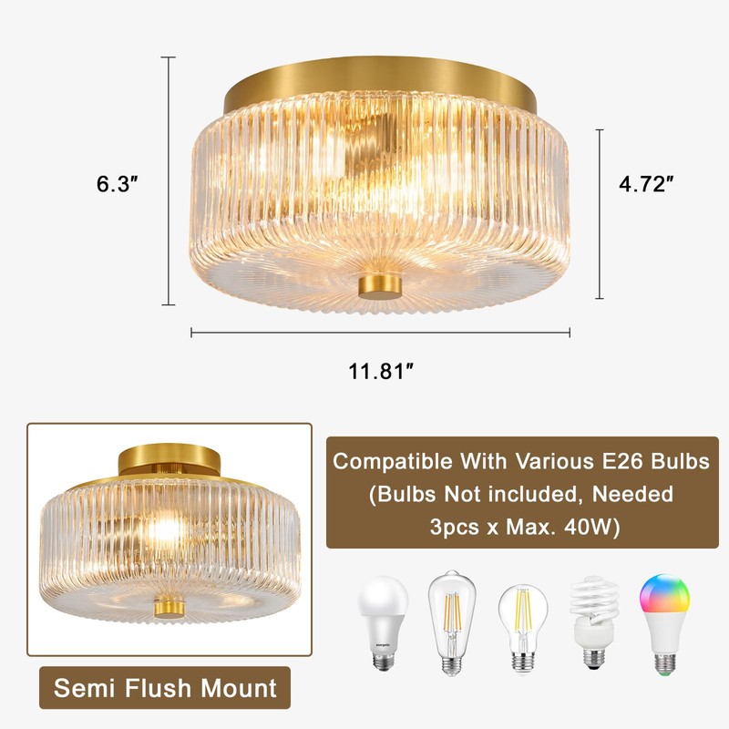 Glass Flush Mount Ceiling Light: 12" Round Clear Ribbed Glass