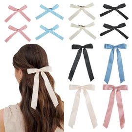 12 Pcs Hair Bows for Girls, Silky Satin Bow Hair Clips Girls, 4 Colors Double Layer Hair Barrettes Accessories for Long Tails for Women Toddlers Teens Kids