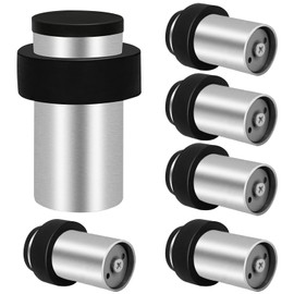 Door Stop, 6 Pack Silver Door Stopper for Floor, Wall Mounted Door Stops Heavy Duty Stainless Steel Door Stoppers for Skirting,Tall Cylindrical Doorstop with Sound Dampening Rubber Top & Ring, 64mm