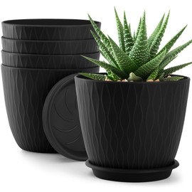 QRRICA Plant Pots – 6 Inch Planters with Drainage Holes and Saucers, Flower Pots for Indoor and Outdoor Plants, Nursery Planting Pots (Pack of 5, Black)