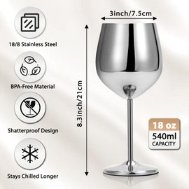 Kylenzo Stainless Steel Wine Glasses Set of 4, 18oz Silver Unbreakable Goblets - Outdoor Metal Cups for Travel, Camping, Pool Parties