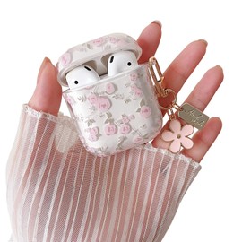 MINSCOSE Compatible with AirPods 1&2 Clear Case,Cute Flower Pattern Design with Floral Keychain, Soft TPU Protective Shockproof Cover for AirPods 1&2 Generation for Women Girls-Pink Rose