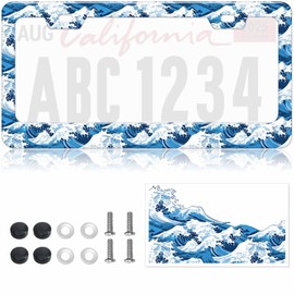 1pcs Blue Ocean Wave License Plate Frame for Women, Sea Wave Car Tag Frames Girly for Vehicle with Non Adhesive Electrostatic Sticker