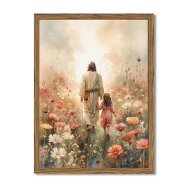 Jesus and the Girl Wall Art, Religious Jesus Painting Wall Decor Christ our Savior 3D Textured Hand Drawn Sandstone Christian Artwork for Living Prayer Room Bedroom 12x16 inch Wood Framed