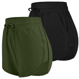 URATOT - Paquete de 2 pantalones cortos de algodón para yoga, verano, correr, gimnasio, deportes, cintura con bolsillos, Negro, Oliva Oscuro, X-Large