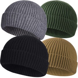 ROYBENS 4pcs Wool Fisherman Beanies for Men, Knit Short Watch Cap Winter Warm Hats