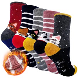 ZFSOCK Thick Women's Thermal Socks: Women Warm Winter Socks Colourful Funny Winter Thermal Cotton Socks with Inner Terry Cloth Motif Cat Animal 5 Pairs Size 35-41, cat