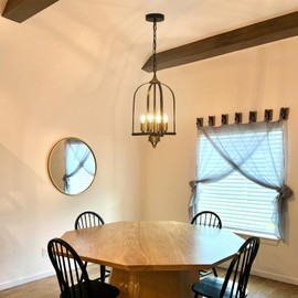 Fanousek Black and Gold Chandelier for Dining Room, 4-Light Modern Farmhouse Hanging Pendant Light Fixtures, Adjustable Height Industrial Metal Cage Chandeliers for Kitchen Bedroom Entryway Foyer